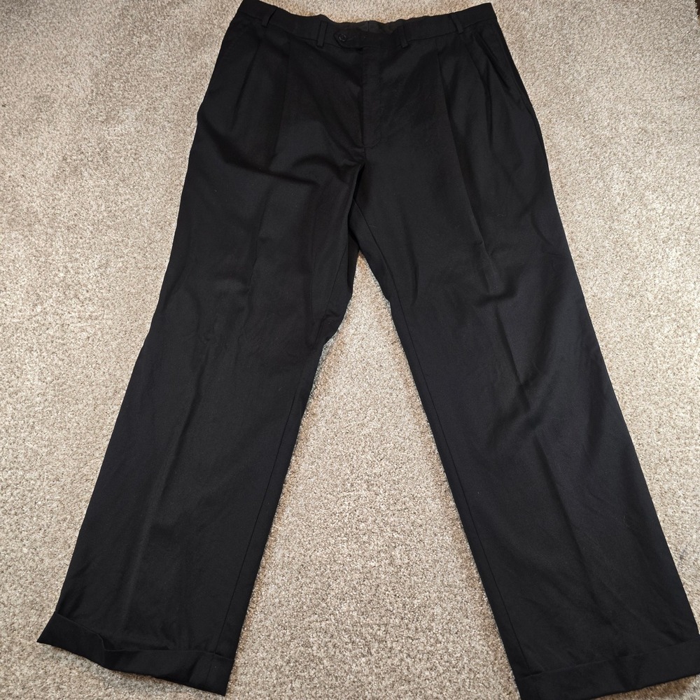 Stafford Performance Mens 40x32 Black 100% Wool Pleated Cuffed Dress Pants